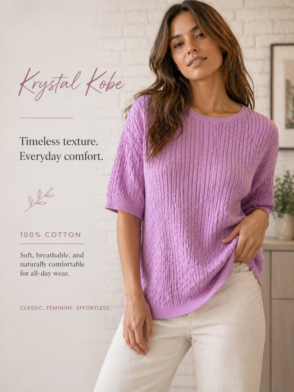 Crystal Kobe  Lavender 100% cotton‎ Cable Knit Sweater large